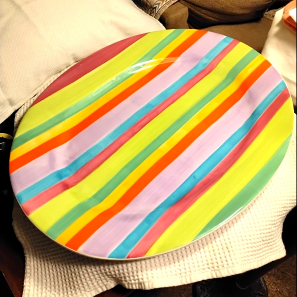 18.75”x 15” Large Vintage - Vibrant  Striped Garden Line- Oval Platter